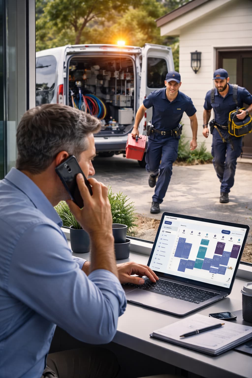 Técnicos HVAC gestionando operaciones con software