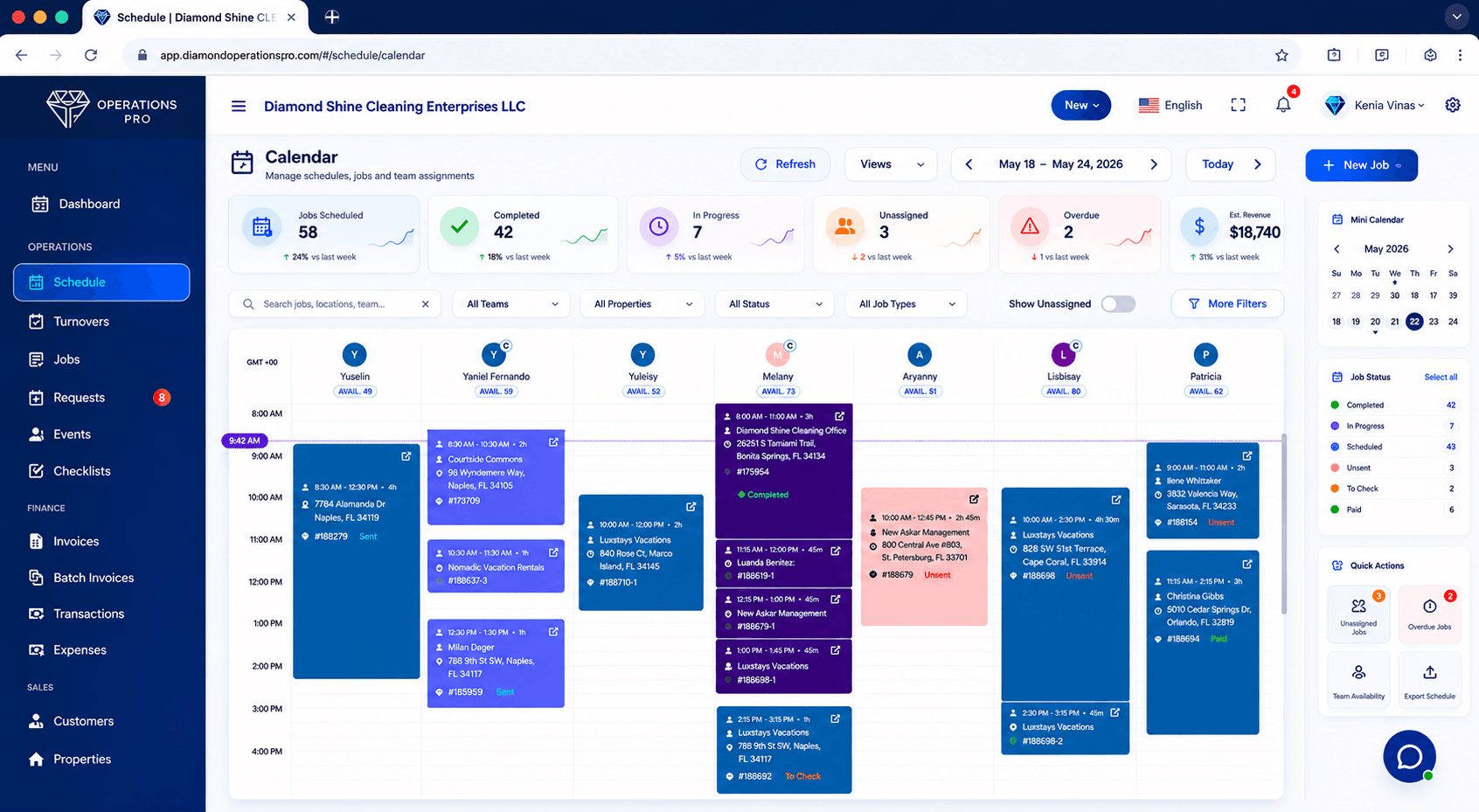 DOP Schedule Calendar showing cleaning jobs, assignments, statuses and daily dispatch visibility