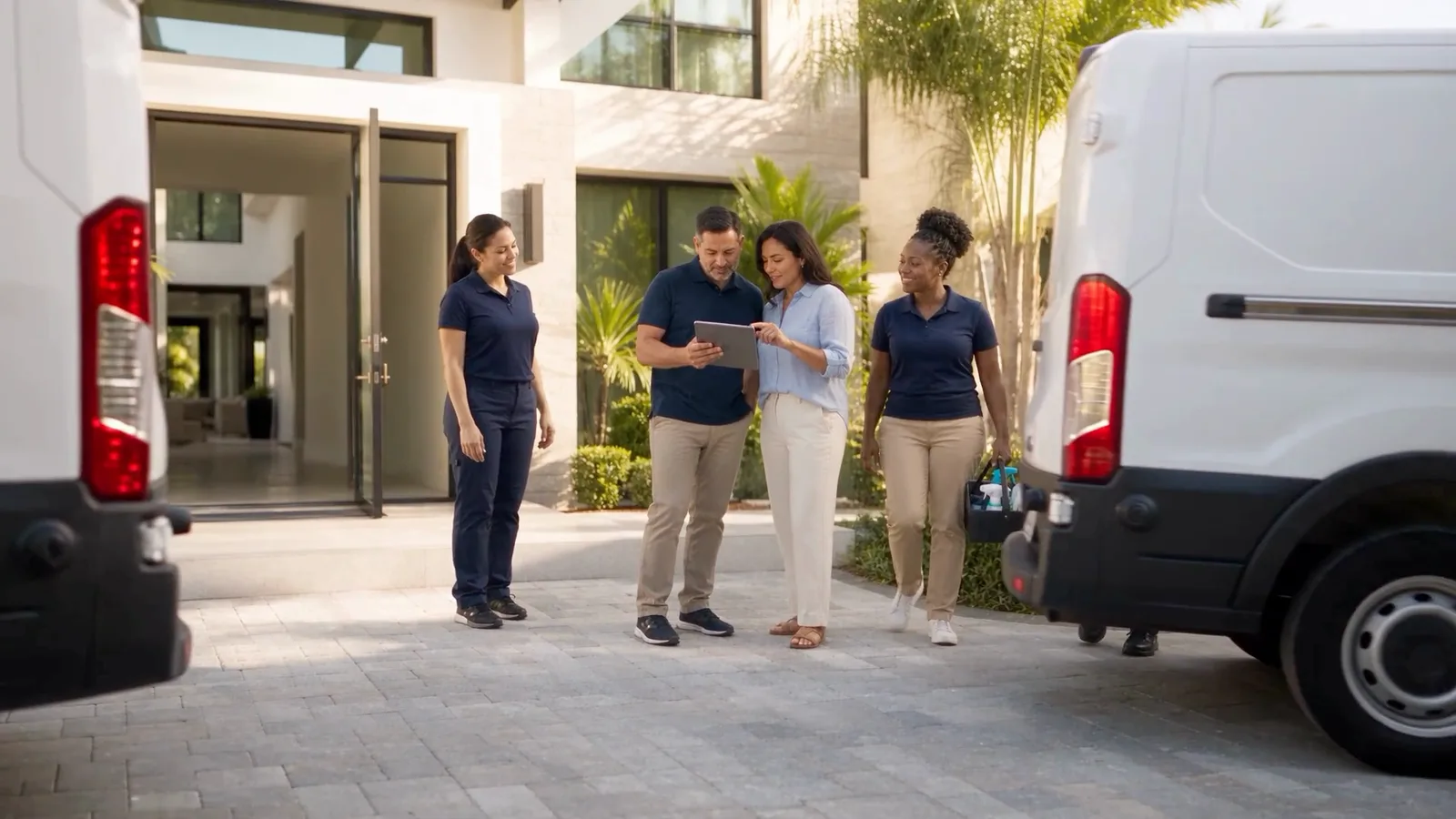 A cleaning crew and their owner leaving for a job, with the DOP panel and team app open on their devices.
