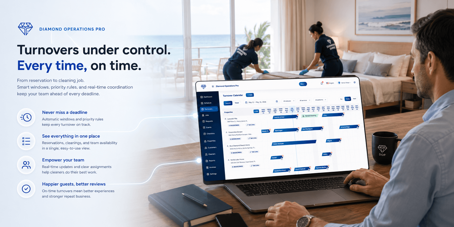 Property manager revisando DOP Turnover Calendar para operaciones de limpieza de renta vacacional
