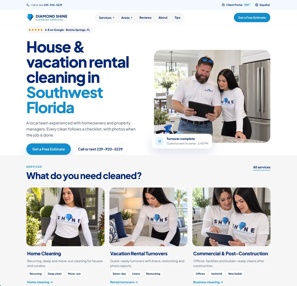 Home page of the Diamond Shine Cleaning website
